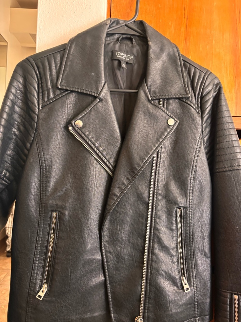Topshop Black Faux Leather Moto Jacket with Quilted Detail